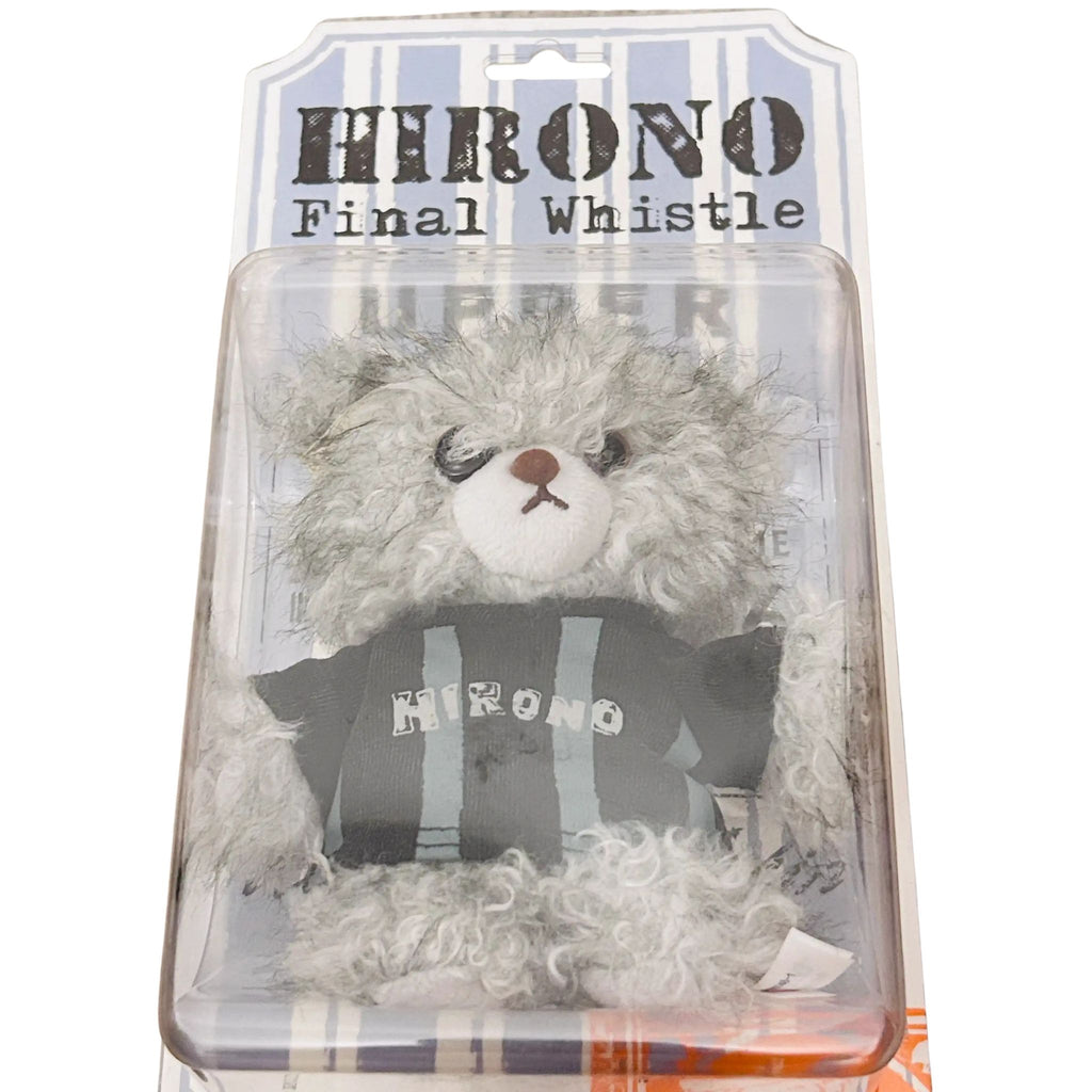 A packaged Hirono Final whistle Bear wearing a blue stripes T-shirt with the word 'HIRONO' on the front.