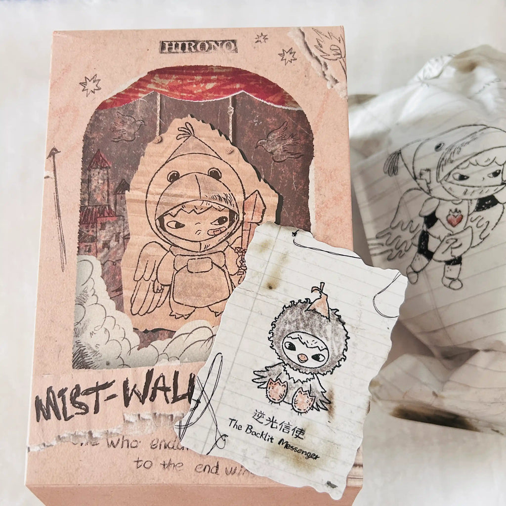 A Pop Mart 'Mist Walker' blind box package shown the product card, text of "The Backlit Messenger".