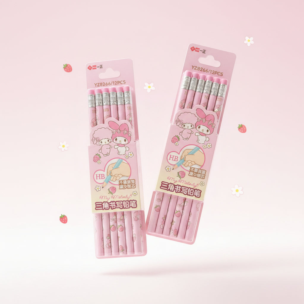Two packages of pink My Melody HB pencils in clear plastic retail packaging, shown on a light textured fabric background.