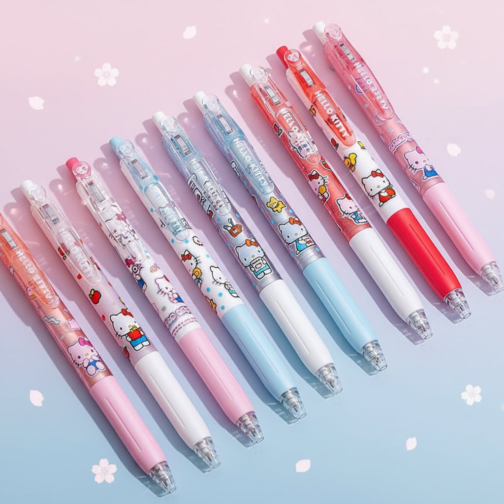 Six cartoon-themed retractable gel pens arranged diagonally on a split red and light blue background. The pens feature Hello Kitty and other Sanrio character prints in pink, red, white, and light blue.