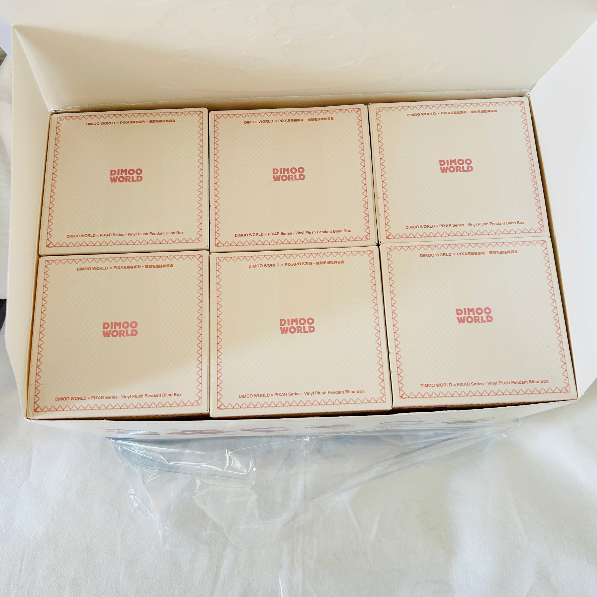 Six small cream-colored product boxes arranged in a 2x3 grid inside a larger white box, each printed with the brand name 'DINOO WORLD' in red 