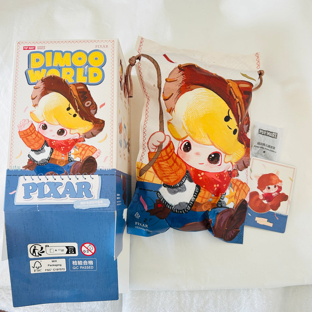 A Disney Pixar Dimoo World collectible figure plush pendant product box. Opened from the bottom and shows a card of Red Panda Mei.