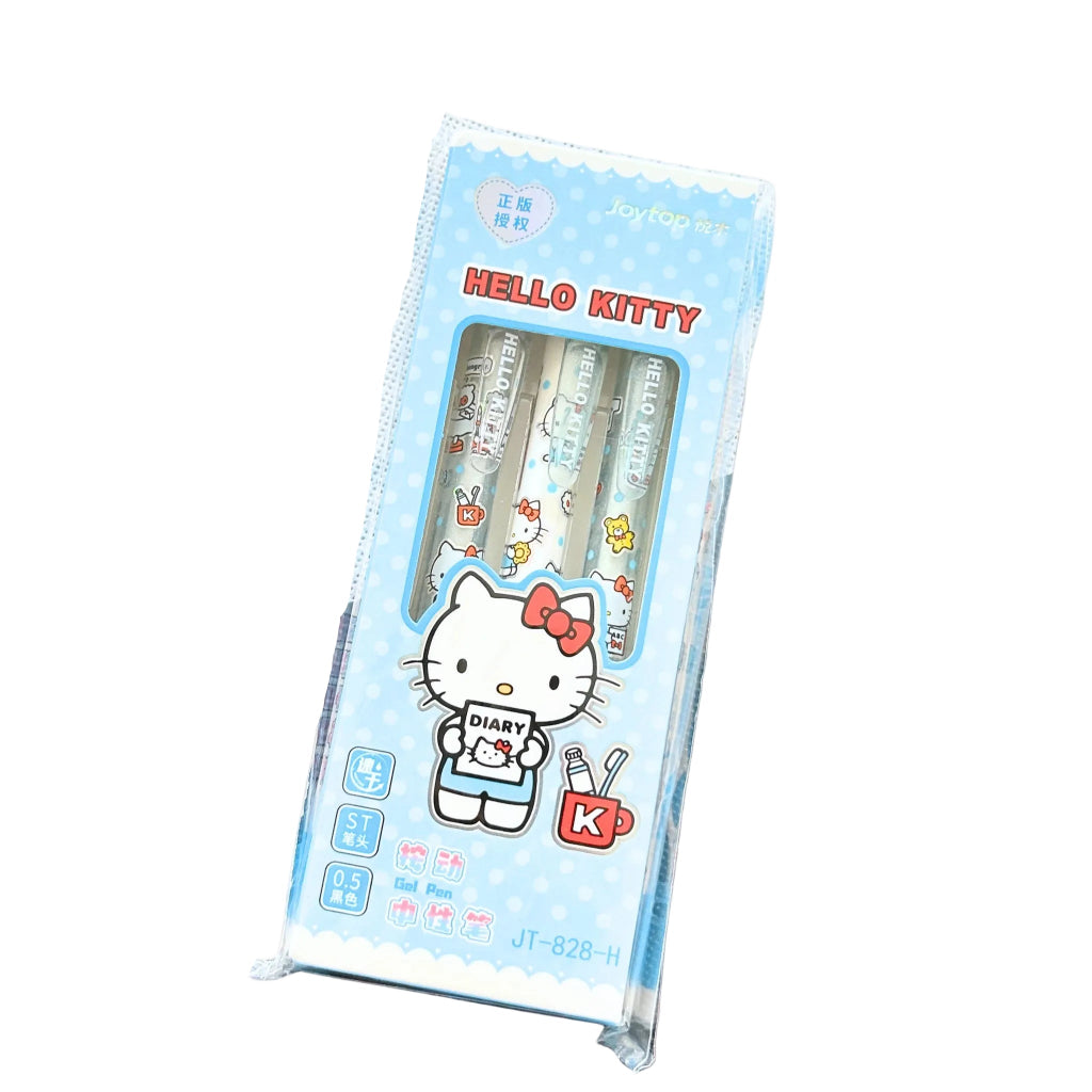 A boxed set of three Hello Kitty pens by Joytop. The packaging is predominantly red with a large Hello Kitty illustration and a clear window showing the pastel-colored pens.