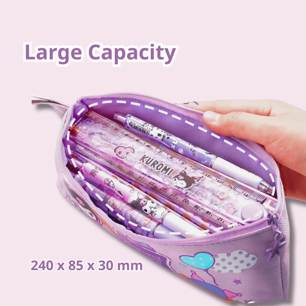 A lavender purple cartoon-patterned pencil pouch with a hand holding it open to show its large capacity.  