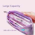 A lavender purple cartoon-patterned pencil pouch with a hand holding it open to show its large capacity.  