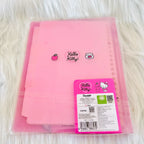 A pink Hello Kitty file folder set in clear plastic packaging, featuring a pink folder with Hello Kitty graphics and a retail label. 