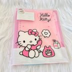 A pink Hello Kitty file folder in its clear plastic packaging,. The folder features a large illustration of Hello Kitty holding a pink phone, a pink bunny bag, and the 'Hello Kitty' logo in black script inside a pink heart.