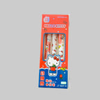 A package of three Joytop Hello Kitty ballpoint pens in a red and blue cardboard box with a clear plastic window, set against a solid gray background.