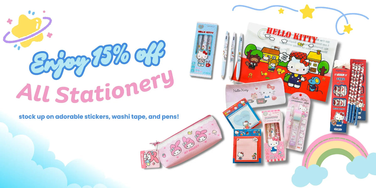 Kawaii stationery collection offer 15% off, shows variety products such as pens and memo pad. 