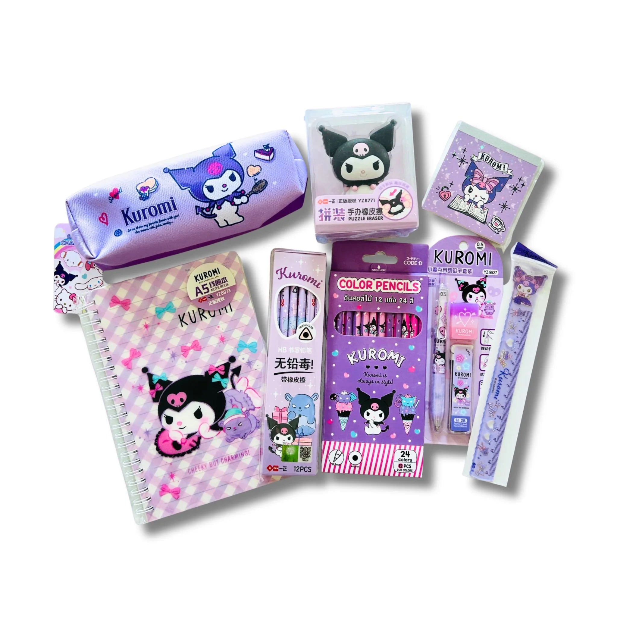 A set of Kuromi-themed stationery bundle. The set includespencil case, notebook, a box of character pencils, a pack of colored pencils, and other small accessories.