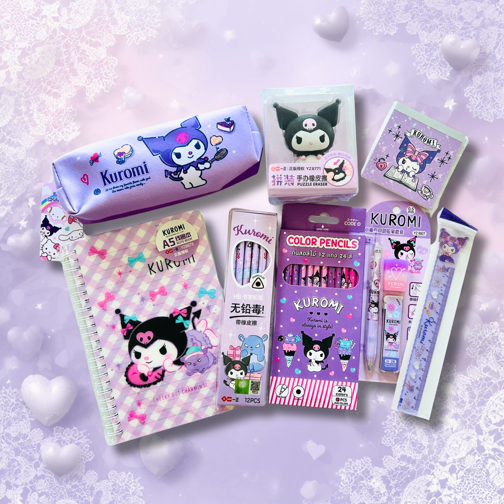 A set of Kuromi-themed stationery bundle. The set includespencil case, notebook, a box of character pencils, a pack of colored pencils, and other small accessories.