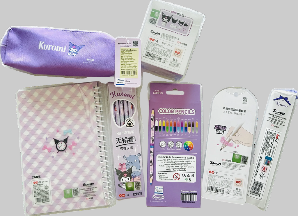 A collection of Sanrio and Kuromi-themed stationery items, showing the back of the packages with certificate marks.