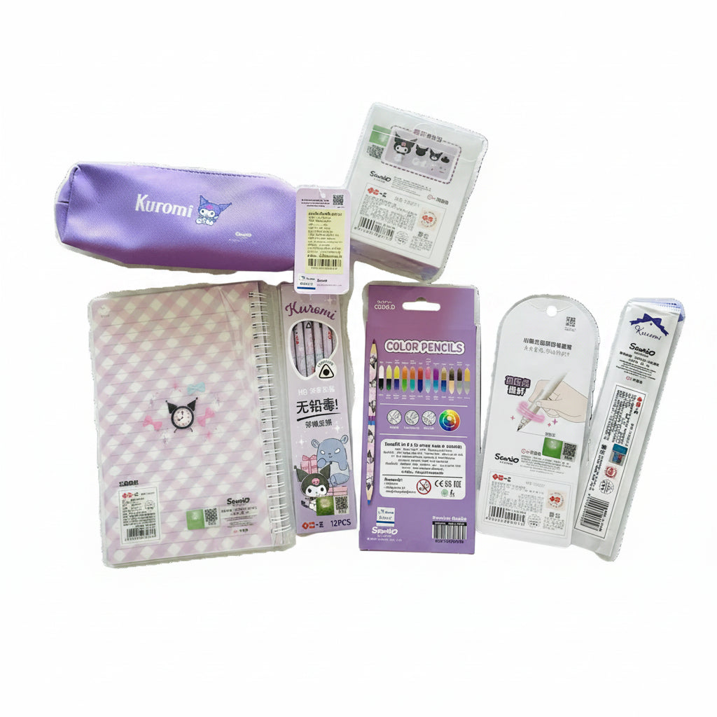 A collection of Sanrio and Kuromi-themed stationery items, including a purple Kuromi pencil case, a pink and white checkered notebook, a purple pack of color pencils, and other matching paper goods on a white background.