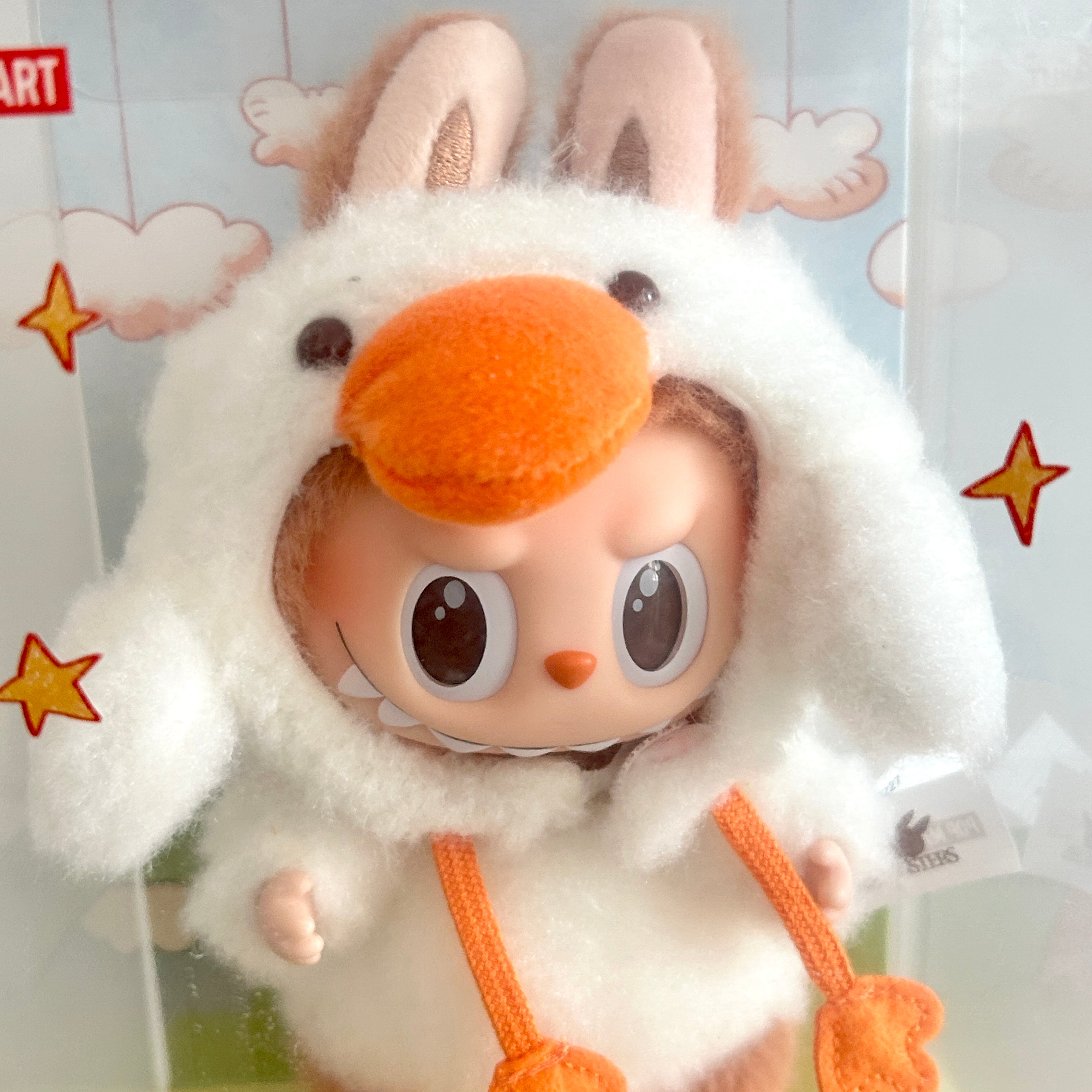 A close-up of the face of the Labubu Forest Fairy Tale series plush toy.