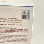 Close-up of the back of a Labubu Wacky Mart Series plush box showing printed text, a QR code.