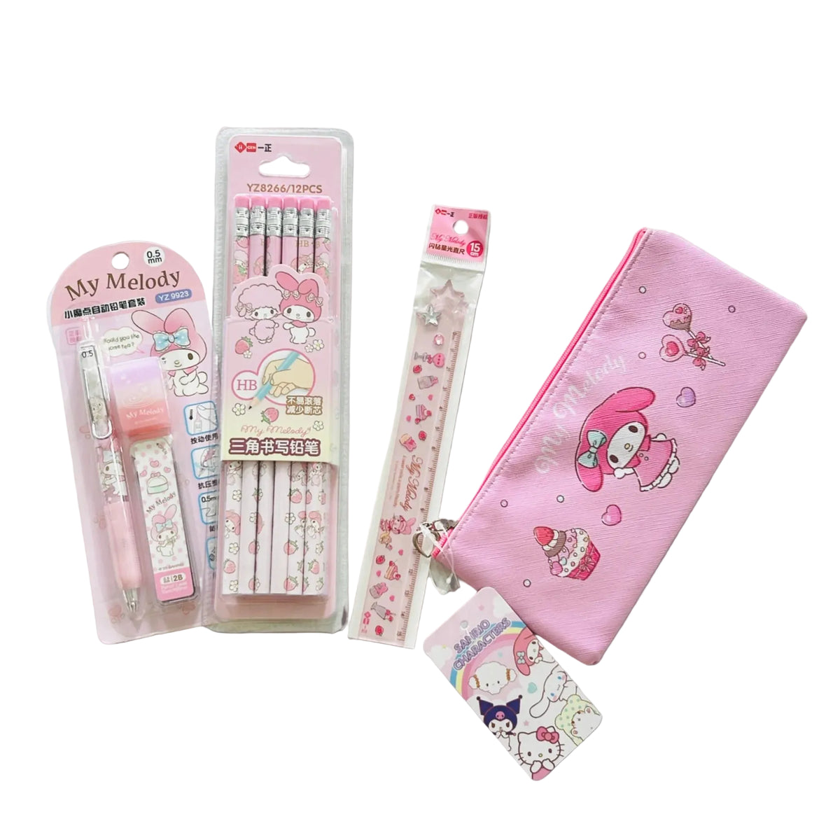 A flat-lay arrangement of Sanrio My Melody stationery items. The set includes a pink pen, a packaged set of patterned pencils, a long decorative pen, a pink zip pouch.