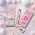 A flat-lay arrangement of Sanrio My Melody stationery items. The set includes a pink pen, a packaged set of patterned pencils, a long decorative pen, a pink zip pouch.