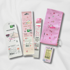 A Sanrio-themed stationery set on a white background, the back of the packages show certificate marks.