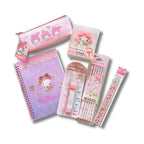 A set of Sanrio My Melody stationery items, including a pink pencil case, a purple spiral notebook, a mechanical pencil, a pack of pencil, a  ruler and a rubber.