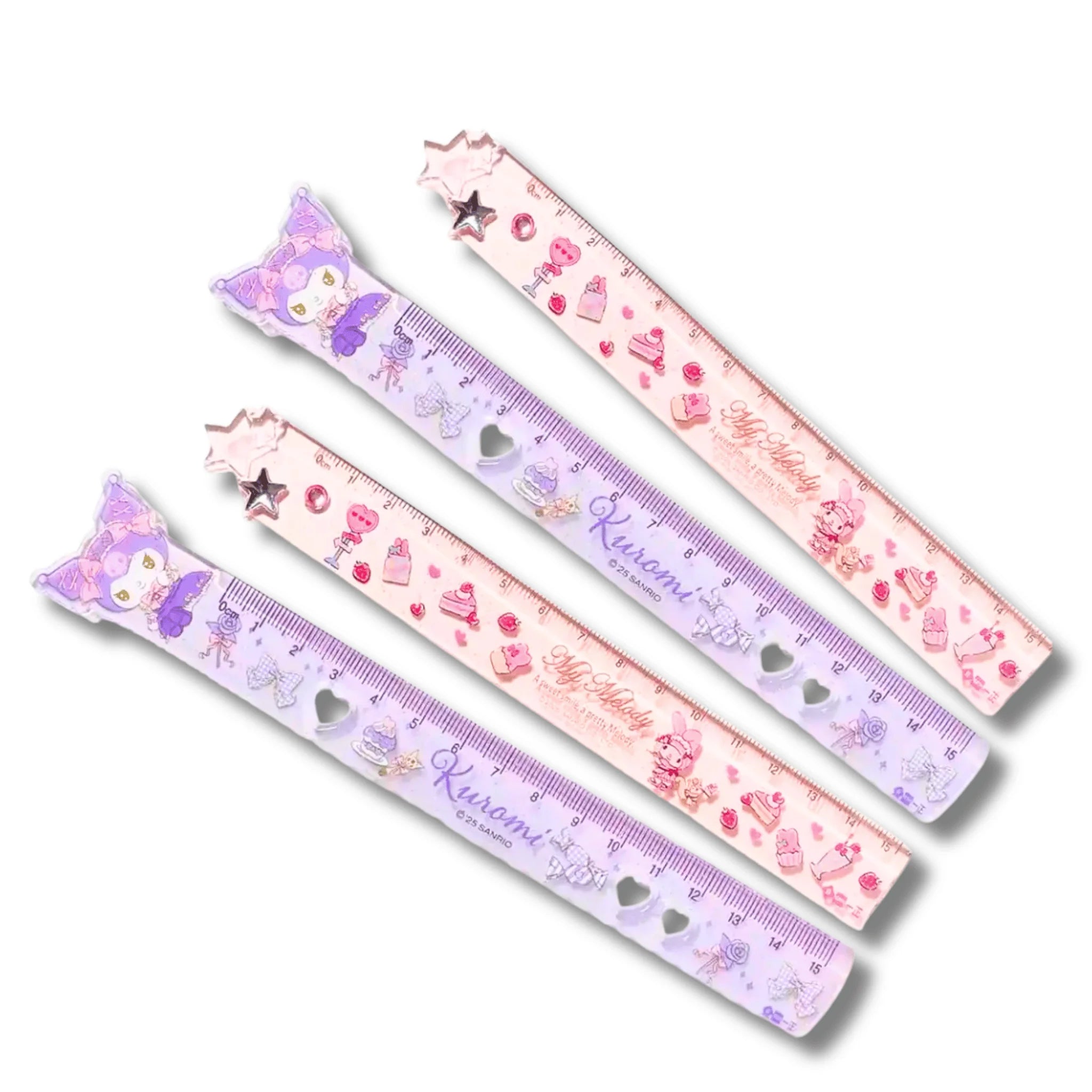 Four pastel-colored plastic rulers with Kuromi and My Melody characters designs.