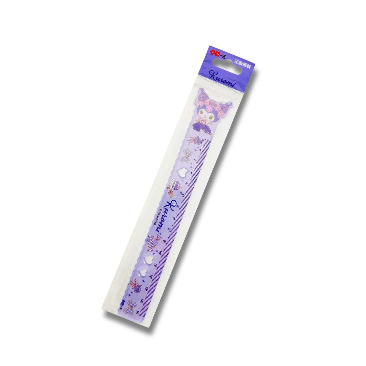 A Sanrio Kuromi plastic ruler in its original retail packaging, featuring a purple and lavender colour scheme.