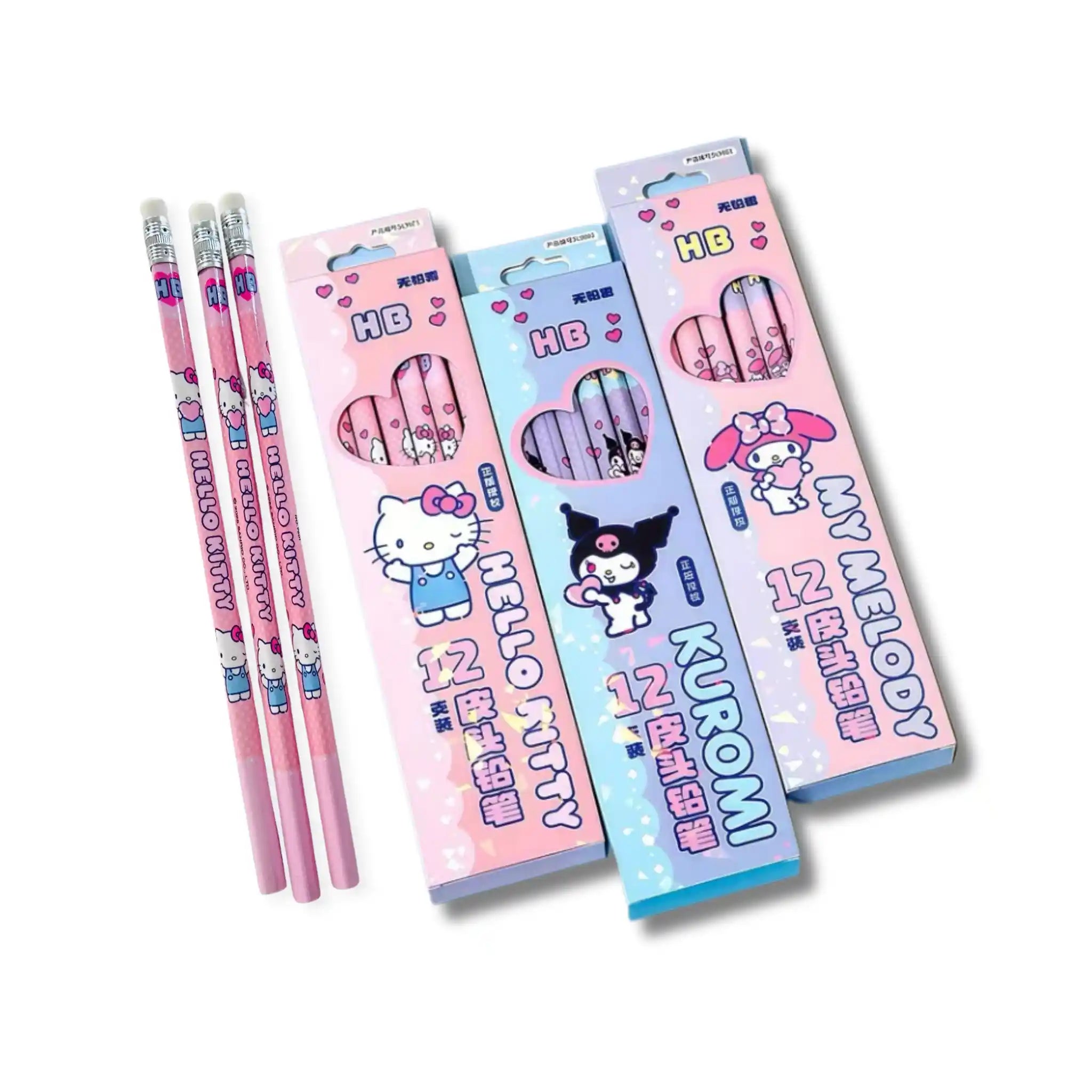 Sanrio HB Triangular Pencils with Eraser Toppers – 12-Piece Kawaii Stationery Box (Kuromi, My Melody, Hello Kitty)