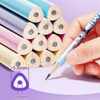 A close-up of a hand holding a blue pencil with cartoon graphics, writing on a white sheet.