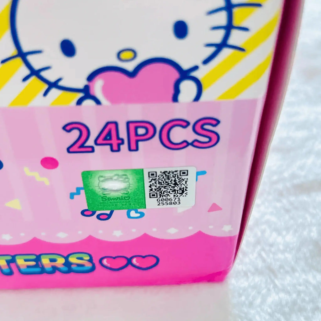 An outer box of the Sanrio Characters 12pc HB Pencils, box shows OR code with Hello Kitty head. 