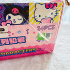 An outer box of the Sanrio Characters 12pc HB Pencils, box shows OR code with Hello Kitty head. 