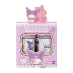 Kuromi-themed stationery gift set in a pink box with a character-shaped top tab, showing two rolled decorative items through a window. The packaging features Kuromi illustrations and the text 'KUROMI' and 'KT86505'.