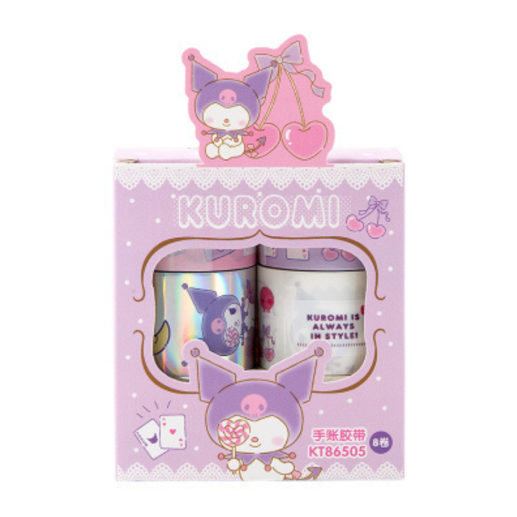 Kuromi-themed stationery gift set in a pink box with a character-shaped top tab, showing two rolled decorative items through a window. The packaging features Kuromi illustrations and the text 'KUROMI' and 'KT86505'.
