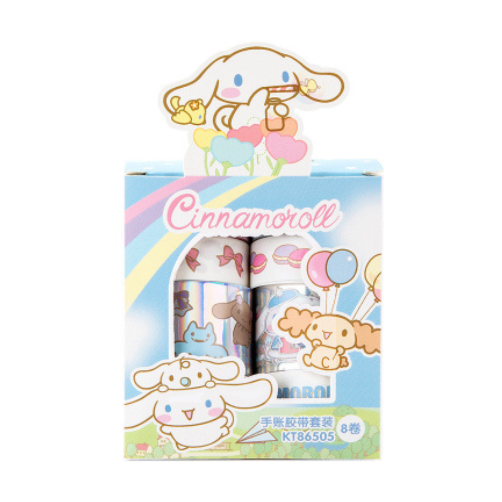 Cinnamoroll washi tape set in a retail display box, featuring three rolls of patterned tape with Cinnamoroll and pastel balloon designs.
