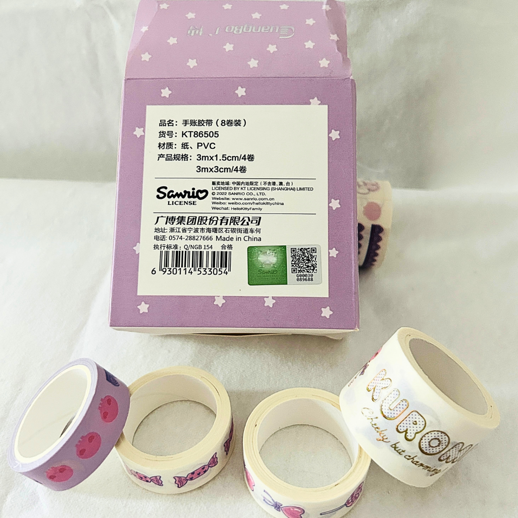 A box of Scenitio decorative washi tape with several rolls displayed in front on a white fabric background. The packaging is light purple with white stars, and the tape rolls feature pastel pink, cream, and white designs with floral and script patterns.