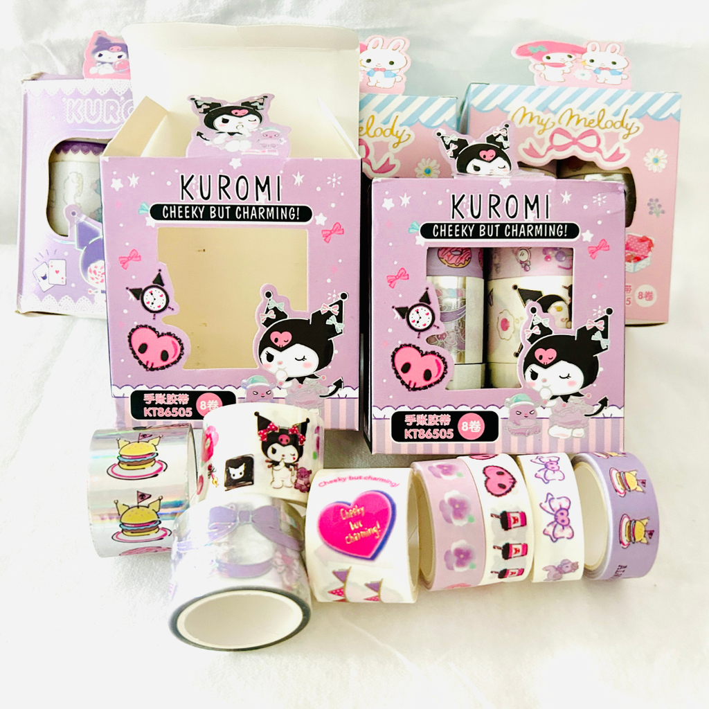 Kuromi-themed washi tape gift set with multiple tape rolls, show character illustrations of Kuromi and other kawaii patterns.