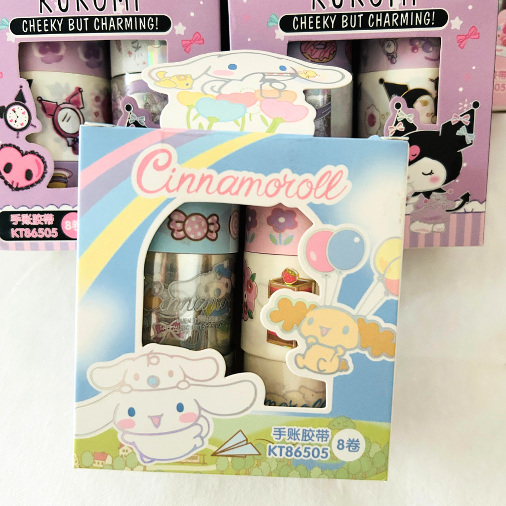 A boxed set of Cinnamoroll-themed washi tape shown in retail packaging box.