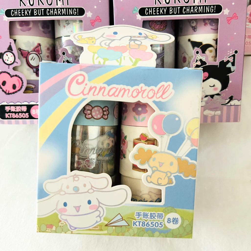 A boxed set of Cinnamoroll-themed washi tape shown in retail packaging box.
