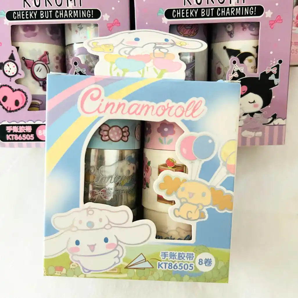 A boxed set of Cinnamoroll-themed decorative tape shown in retail packaging.