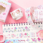 My Melody washi tape rolls, features cute illustrations of My Melody, flowers, hearts, and pastel designs.