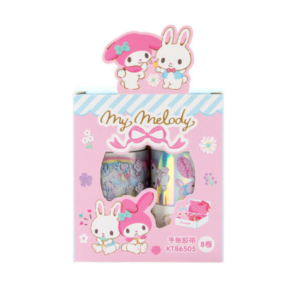 A pink My Melody branded stationery gift box containing multi rolls of decorative tape. The packaging features cartoon rabbit illustrations and the text 'My Melody' and 'KT86505'.