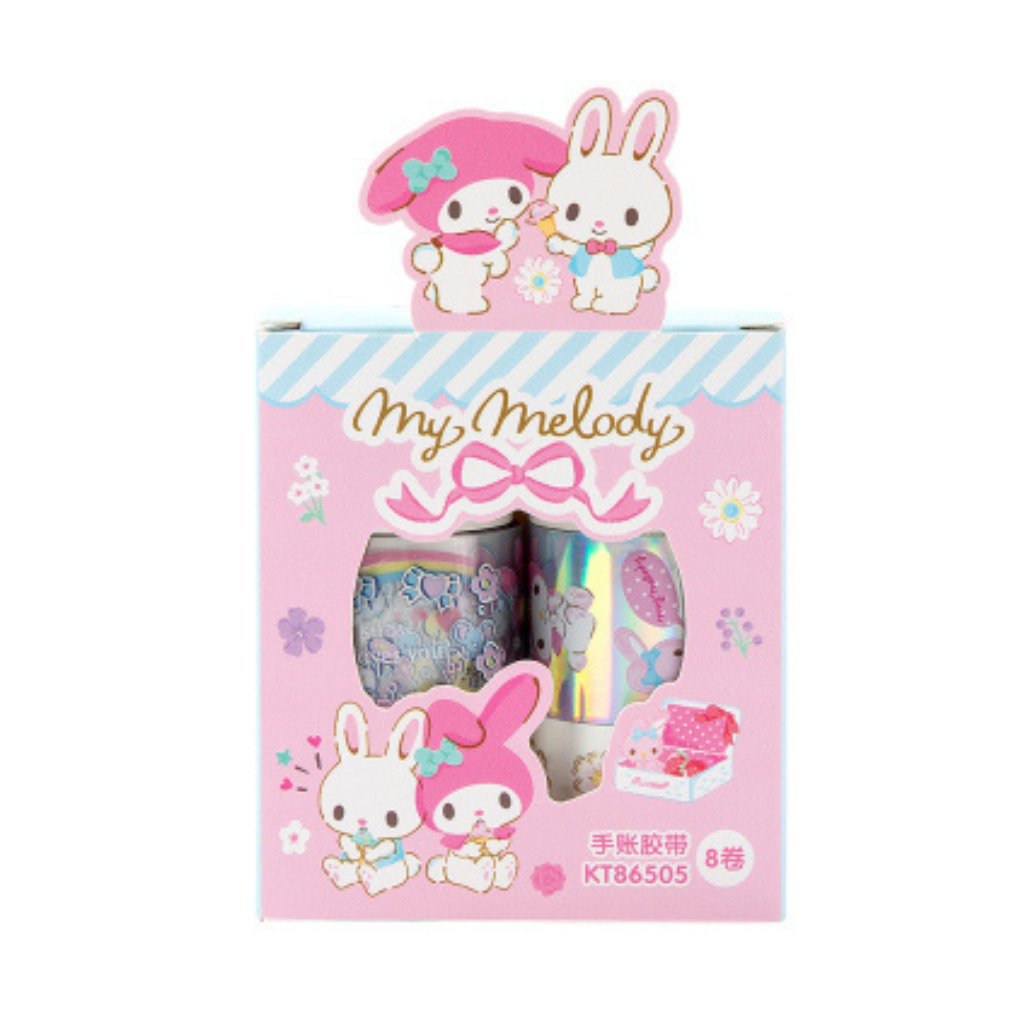 A pink My Melody branded stationery gift box containing multi rolls of decorative tape. The packaging features cartoon rabbit illustrations and the text 'My Melody' and 'KT86505'.