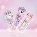 Three packaged cartoon-themed mechanical pencil sets on a light blue wooden surface with white cloud cutouts. The packages feature Hello Kitty, Kuromi, and My Melody designs in pink, purple, and peach tones.