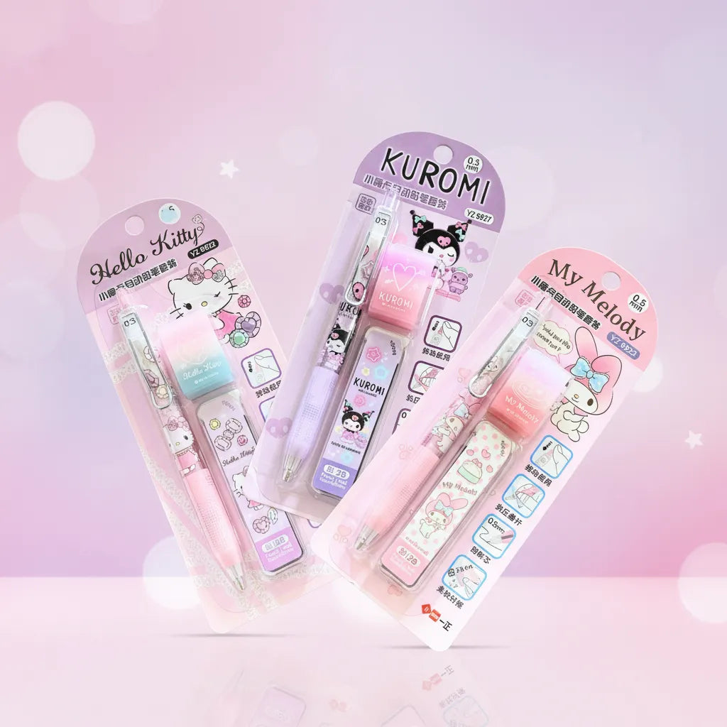 Three packaged mechanical pencil sets, feature Hello Kitty, Kuromi, and My Melody designs in pink, purple, and peach tones.
