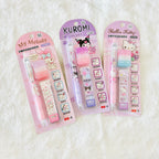 Three Sanrio character pen sets in pink and purple packaging, featuring My Melody, Kuromi, and Hello Kitty designs.