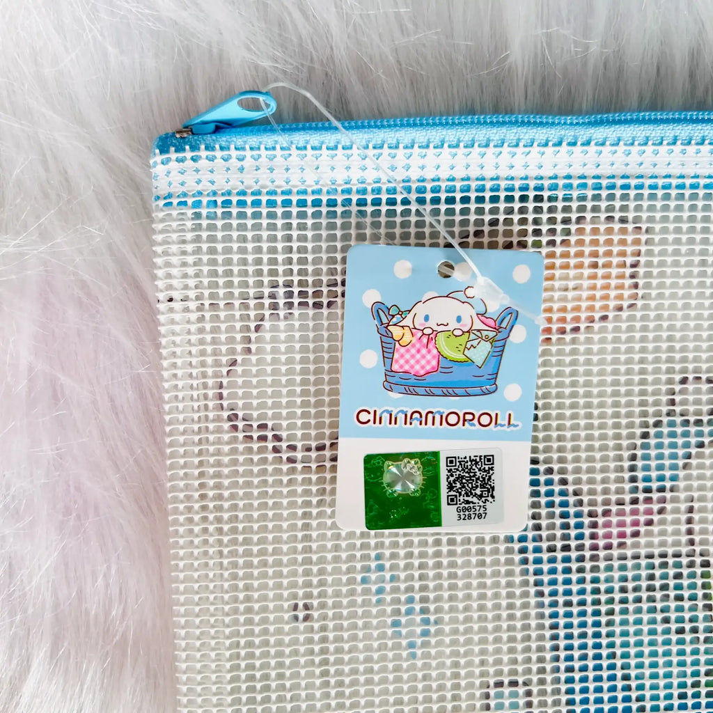 A white mesh zippered pouch with a blue zipper and trim, featuring a hanging tag with a cartoon character and QR code.