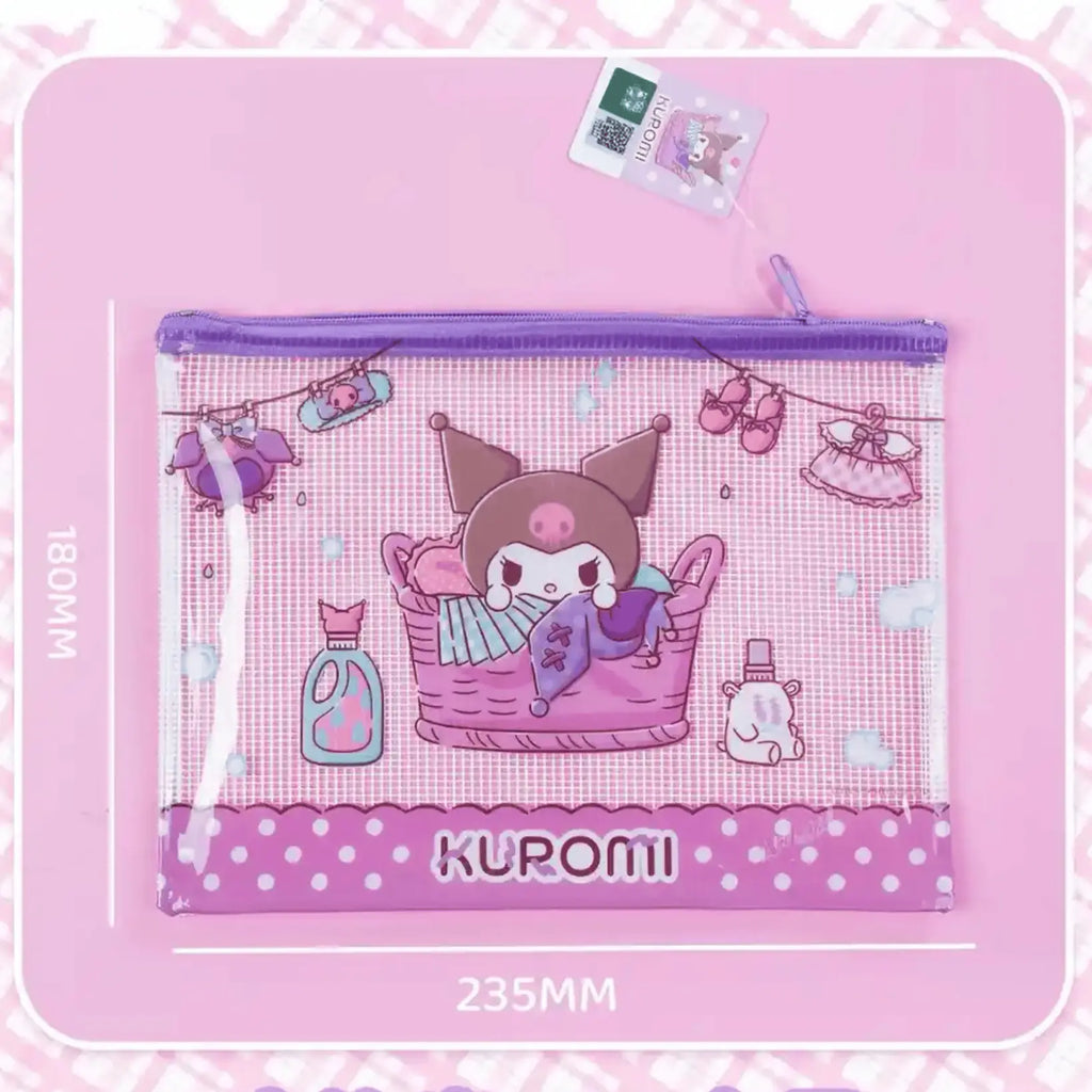 Kuromi-themed mesh zipper pouch. The pouch is shown on a pink background with dimension markings of 180mm by 235mm.