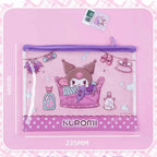 Kuromi-themed mesh zipper pouch. The pouch is shown on a pink background with dimension markings of 180mm by 235mm.