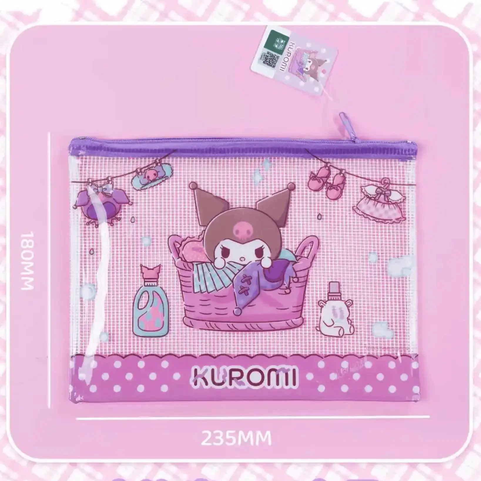 Kuromi-themed mesh zipper pouch. The pouch is shown on a pink background with dimension markings of 180mm by 235mm.