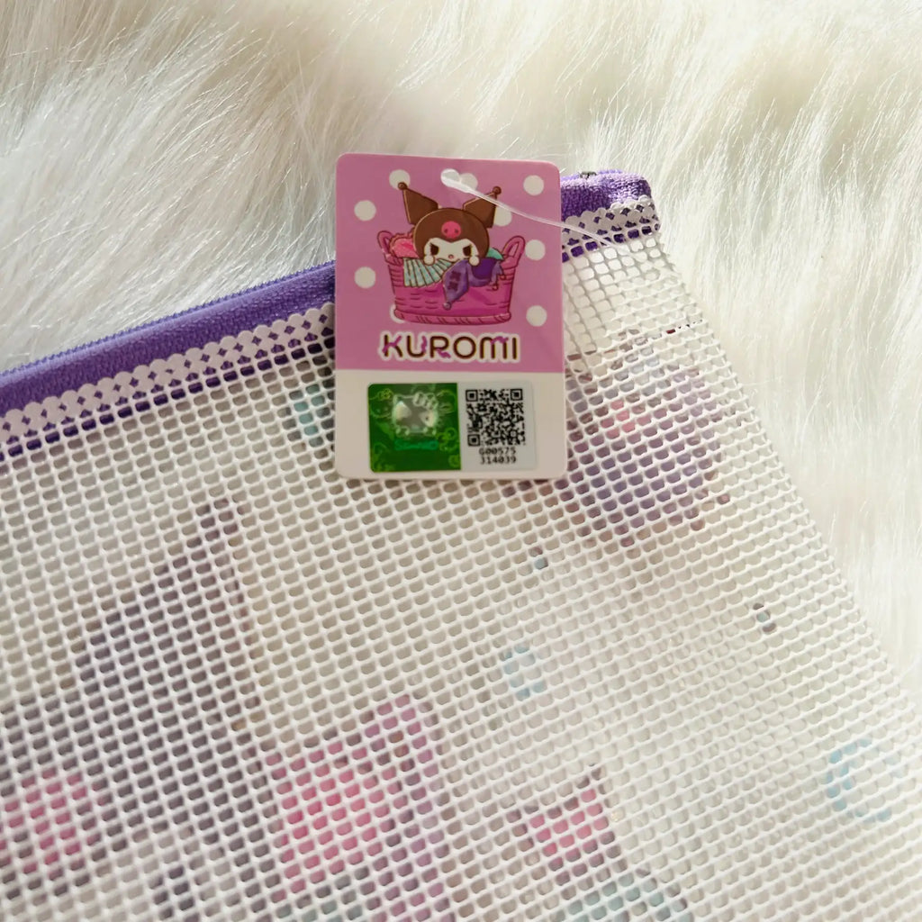 A white mesh zippered pouch with a purple zipper, featuring a pink Kuromi hangtag with QR code.