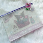 Back view of a mesh zippered pouch featuring a cute character illustration.