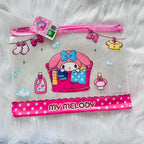 A Sanrio My Melody zippered pouch with a pink and white polka dot design, featuring an illustration of My Melody washing clothes.  